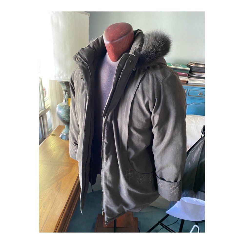 90s Utex Design Winter Parka Fluffy Fun Fur Collar Hooded Embroidery Sz L